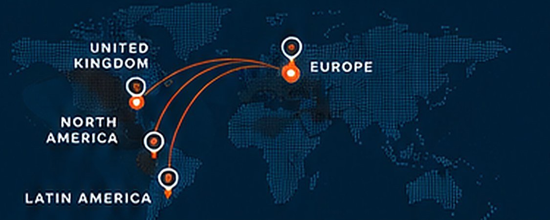 Map showing BridgeRise experience across the United Kingdom, Europe, North America and Latin America